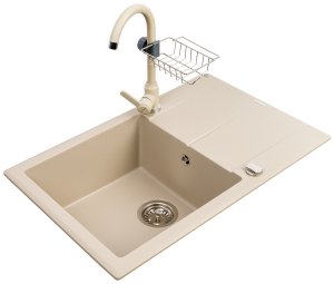 Zlewozmywak Keros (76x48) 1B 1D beż piaskowy + bateria Lungo + półeczka do baterii