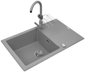 Zlewozmywak Keros (76x48) 1B 1D szary - beton + bateria Lungo + półeczka do baterii